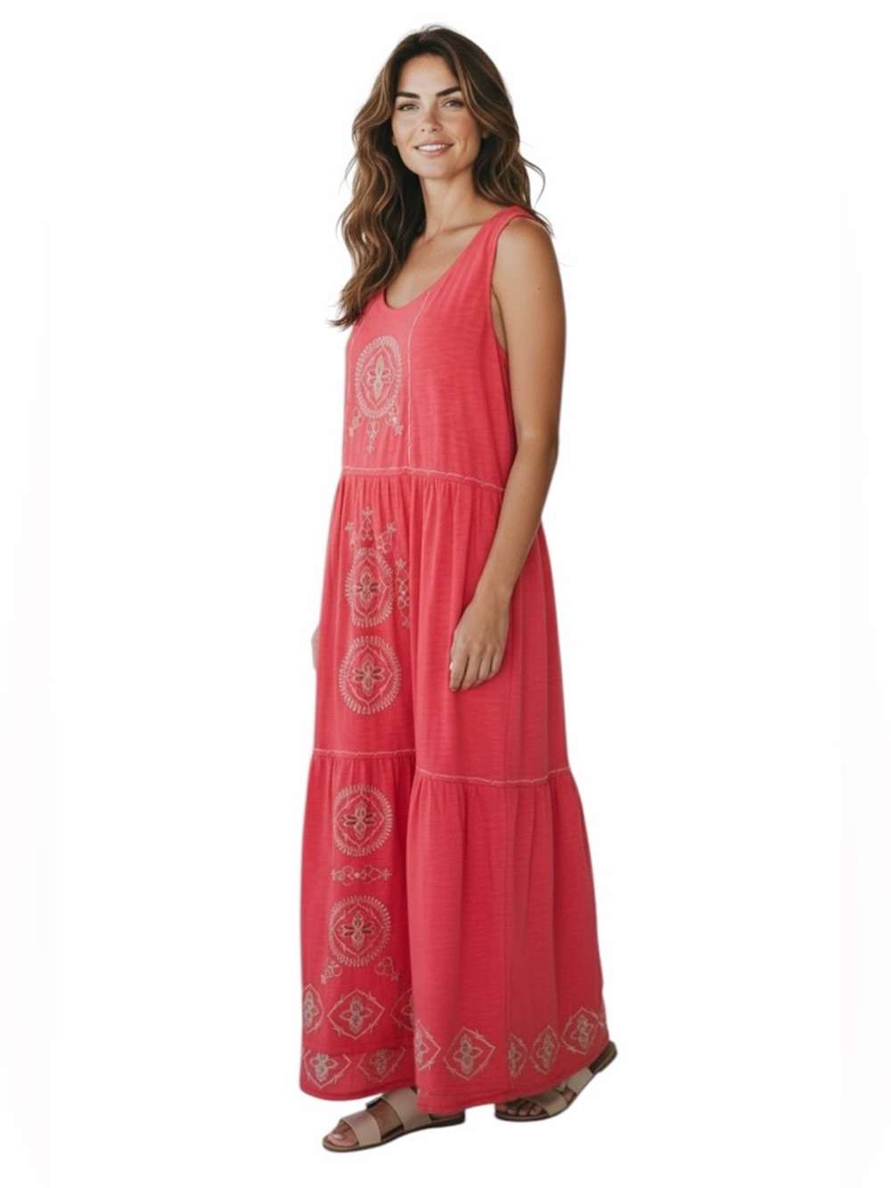 J. Jill•Coral Sleeveless Embroidered Tiered Maxi Dress